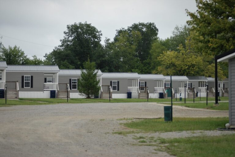 White and gray mobile homes near green trees daytime