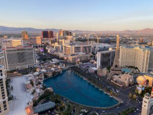 Las Vegas Strip during Golden Hour as seen from above the Bellagio. Las Vegas is home to Integrity Mobile Homes, the best mobile home sales company in Las Vegas.
